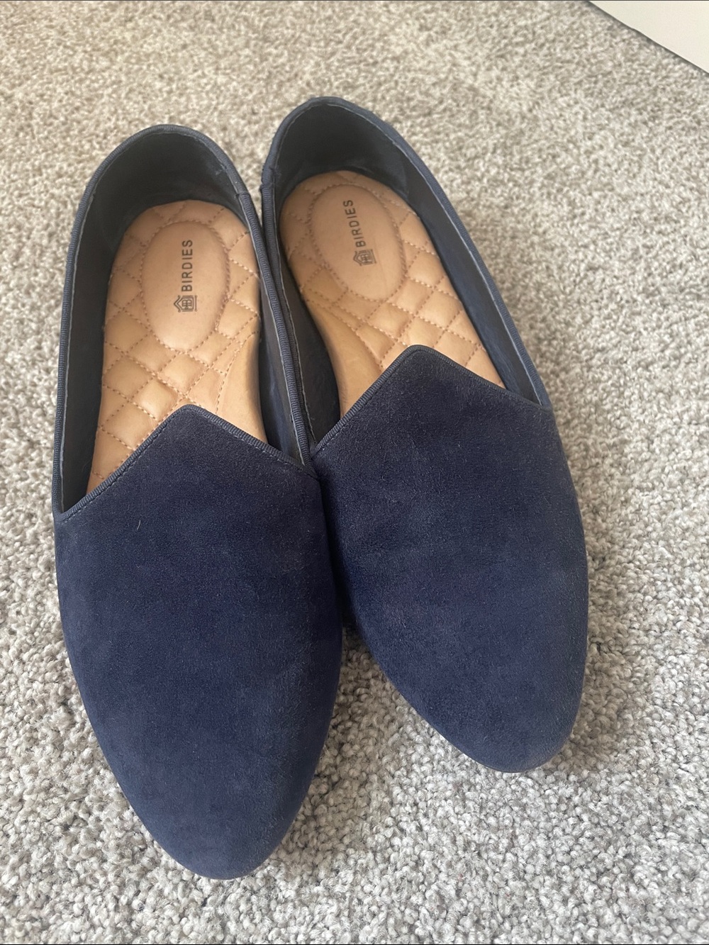Birdies The Heron Navy Suede Slip-On Flats Sz 7.5 Smoking slipper almond toe